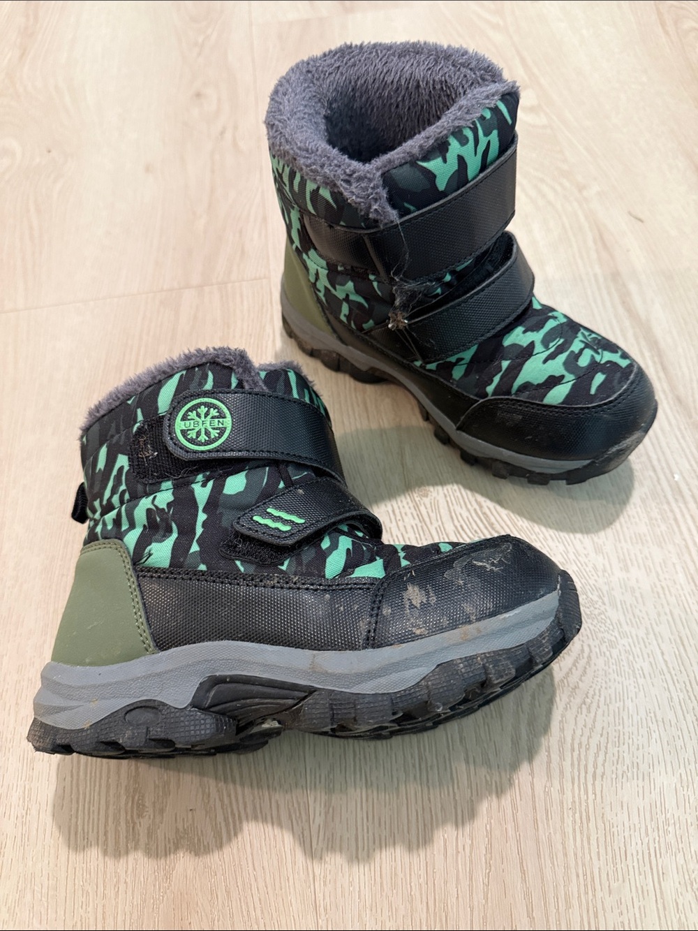 Kids Green Camo Winter Boots with Fleece Lining